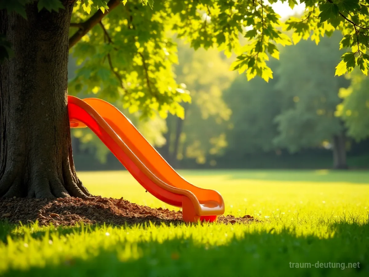 Traumsymbol Rutschen: Eine bunte Kinder-Rutsche im sonnenbeschienenen Park, die nach unten führt, mit spielerischer Atmosphäre.