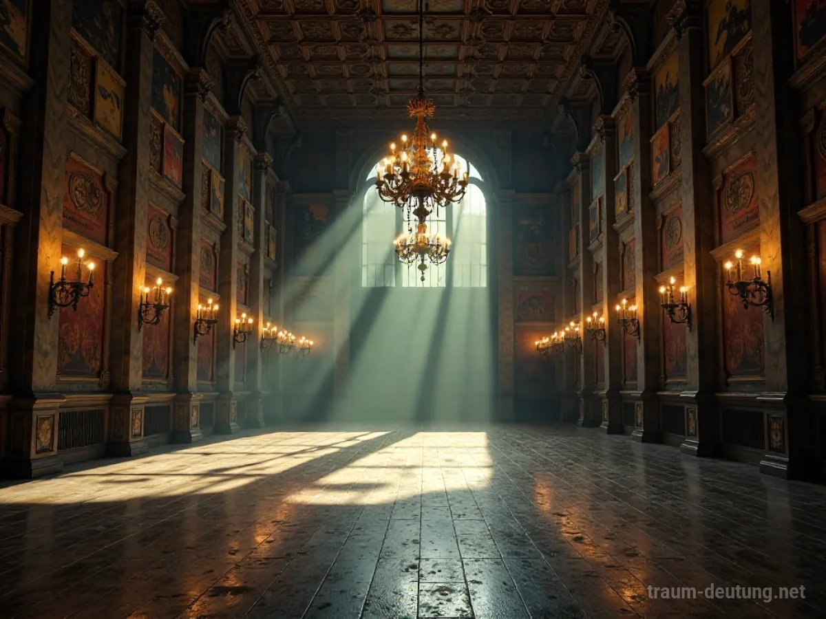 Traumsymbol Saal: Ein weitläufiger, schwach beleuchteter Ballsaal mit hohen Decken und flackernden Kronleuchtern, der eine Atmosphäre vergangener Pracht und stiller Erwartung ausstrahlt.