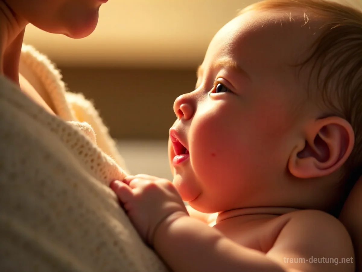 Traumsymbol Säugen: Ein Baby trinkt an der Brust der Mutter, beleuchtet von warmem, sanftem Licht in einer friedlichen Atmosphäre.