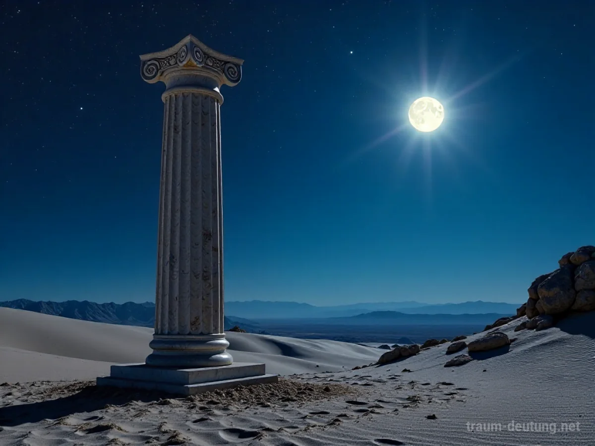 Traumdeutung Säule: Eine antike Marmorsäule steht allein in einer mondbeschienenen Wüstenlandschaft mit Sternenhimmel.