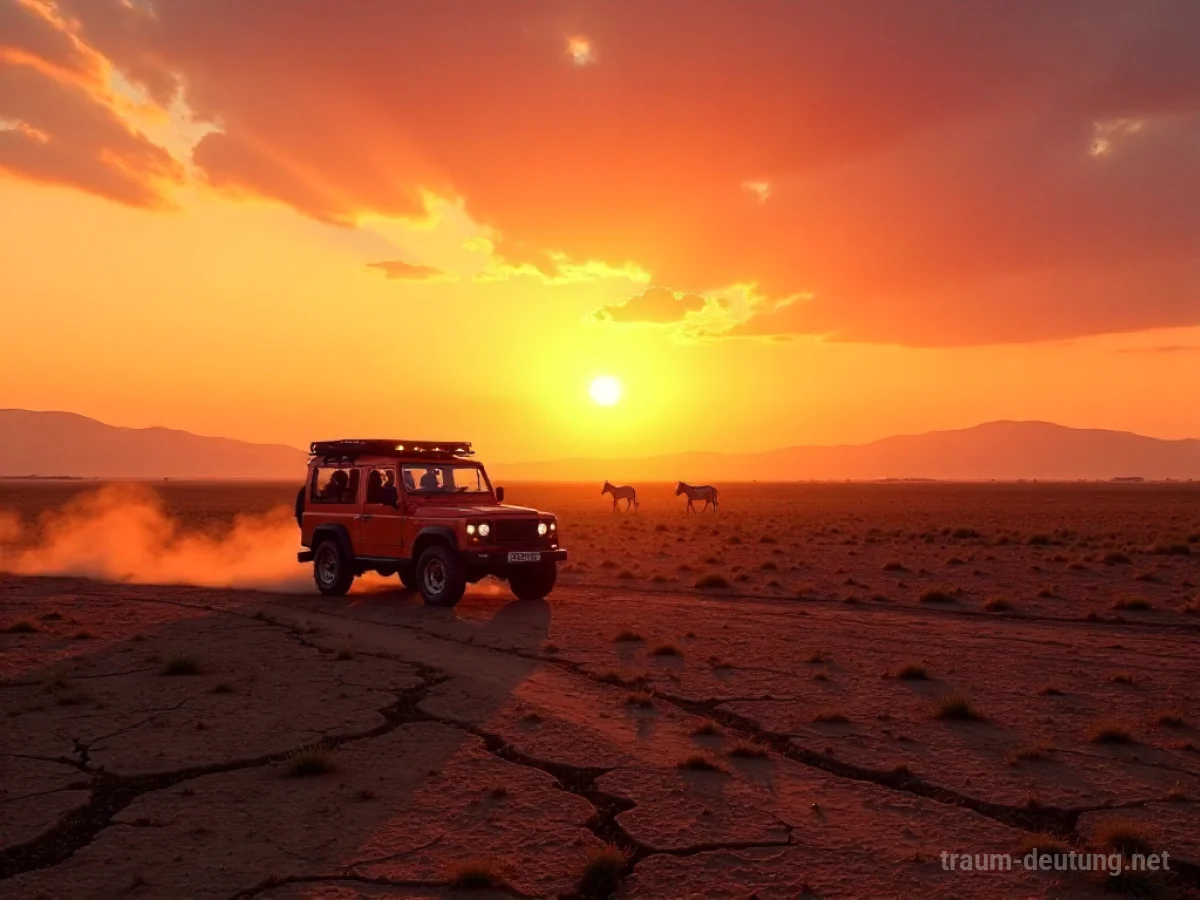Traumsymbol Safari: Eine Jeep-Fahrt durch die afrikanische Savanne bei Sonnenuntergang mit einer Zebraherde in der Ferne, beleuchtet von weichem, filmischem Licht.