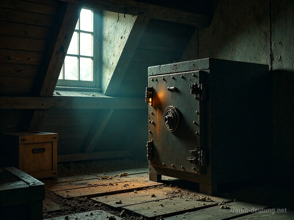 Traumdeutung Safe: Ein alter, schwerer Stahlschrank steht leicht geöffnet auf einem staubigen Dachboden, aus dem ein goldenes Licht dringt, beleuchtet von schattenwerfendem Mondlicht.
