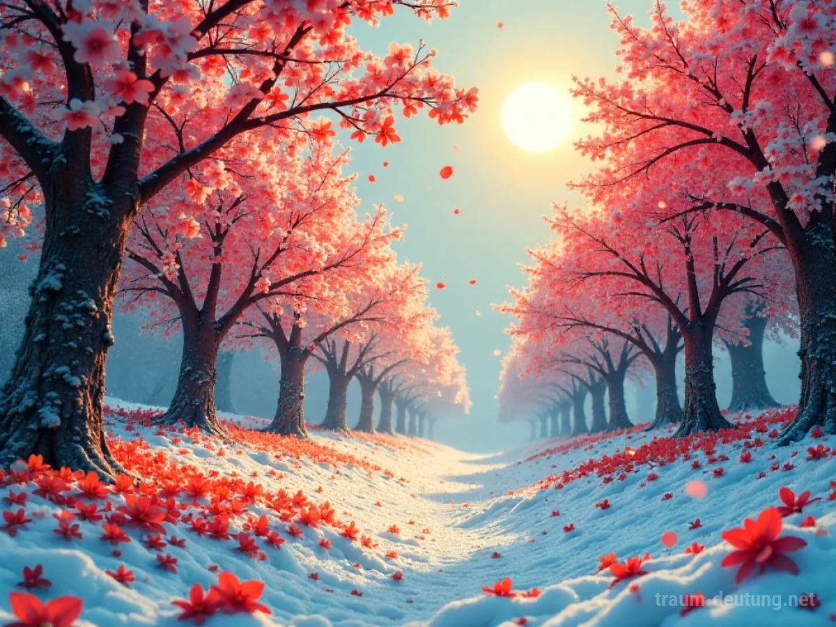 Traumsymbol Saison: Eine surreale Landschaft, in der Frühling, Sommer, Herbst und Winter harmonisch ineinander übergehen, beleuchtet von Mondlicht.