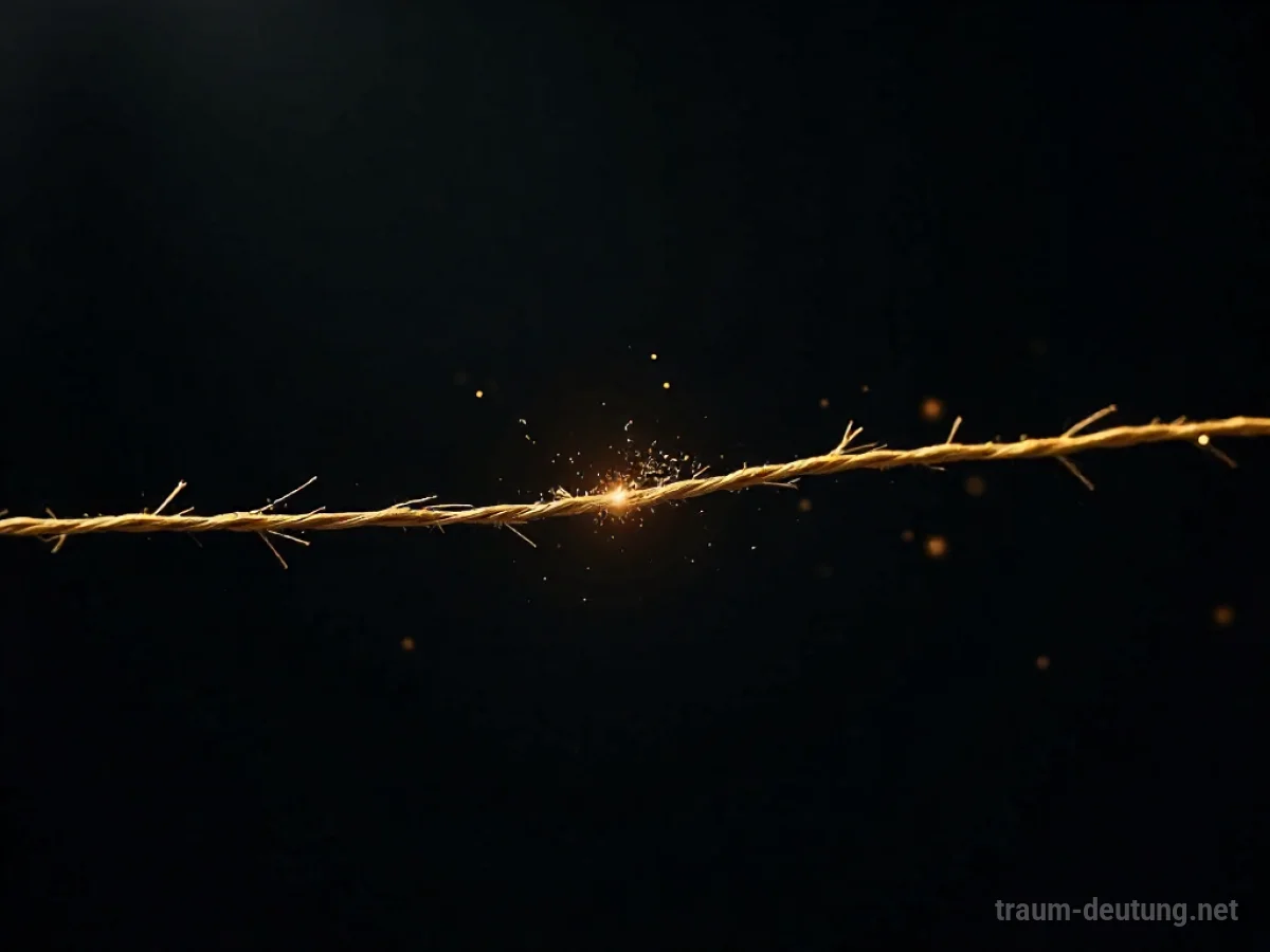 Traumsymbol Saite: Eine einzelne, gespannte goldene Saite schwebt in einem dunklen, abstrakten Raum, beleuchtet von feinem, ätherischem Licht.