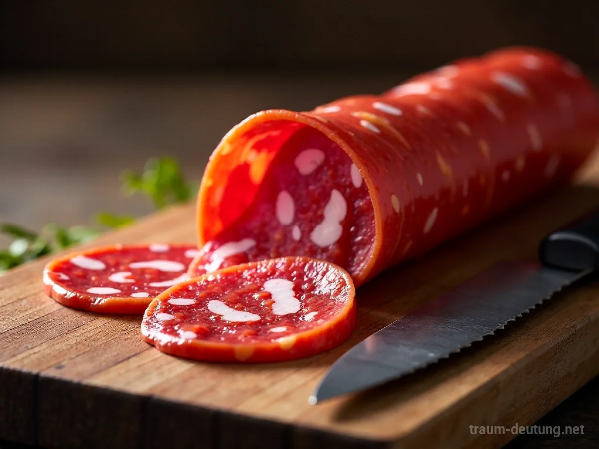 Traumsymbol Salami: Eine perfekt geschnittene, glänzende Salami liegt auf einem rustikalen Holzbrett, beleuchtet von warmem Licht.