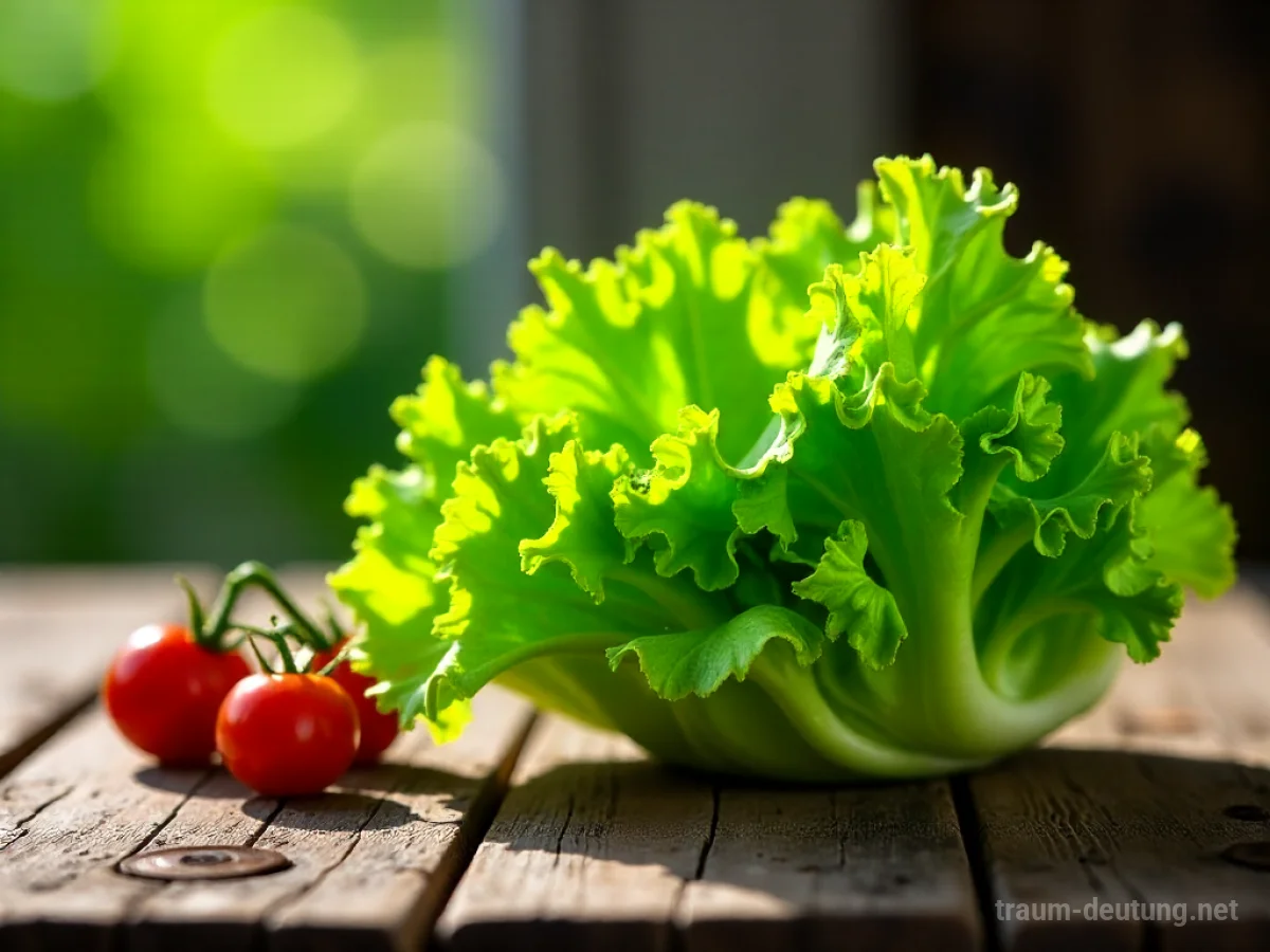 Traumsymbol Salat: Ein frischer Kopfsalat liegt auf einem rustikalen Holztisch im sanften Morgenlicht, mit Tauperlen und einigen Tomaten daneben.