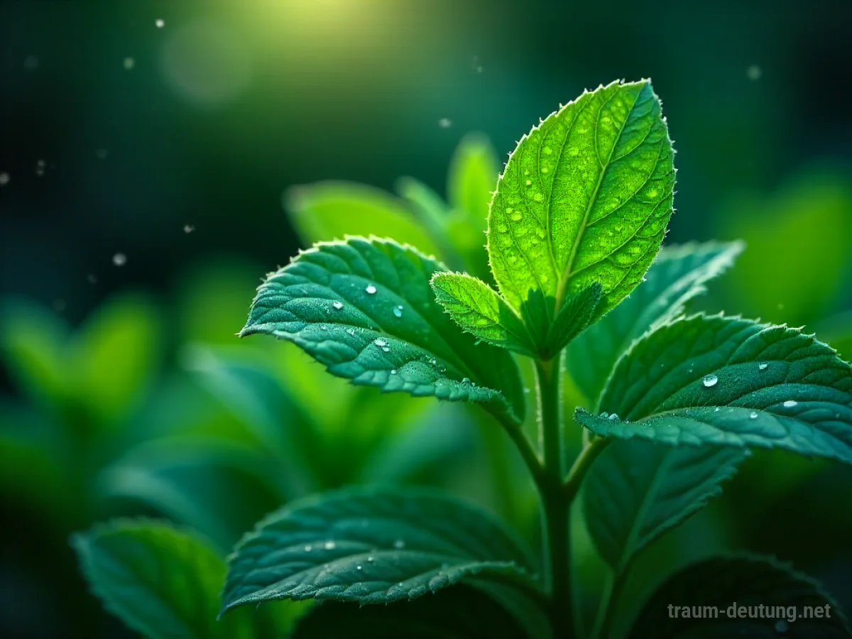 Traumsymbol Salbei: Frische, grüne Salbeiblätter im Mondlicht mit glitzernden Tautropfen.