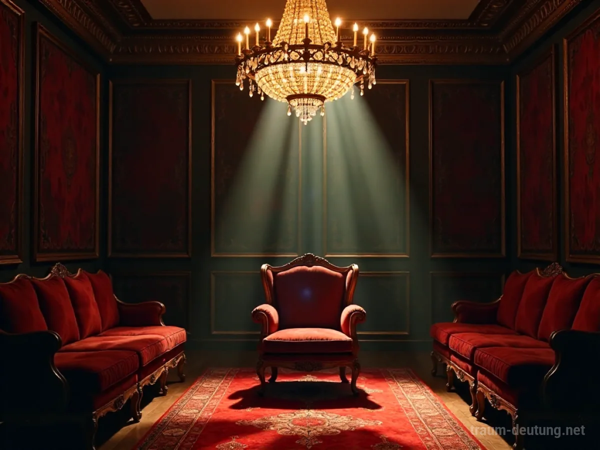 Traumsymbol Salon: Ein luxuriöser, schwach beleuchteter Salon mit Samtsitzen und einem Kristallleuchter, der warme, flackernde Lichter wirft.