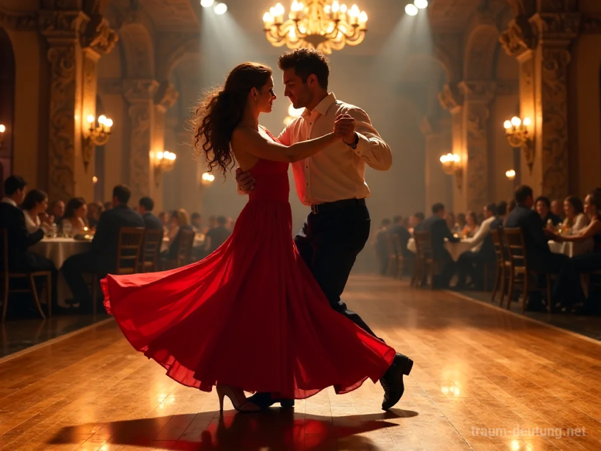 Traumdeutung Salsa: Ein Paar tanzt leidenschaftlich Salsa auf einem dunklen Holzparkett, umgeben von gedämpfter Beleuchtung und einem Hauch von Romantik.