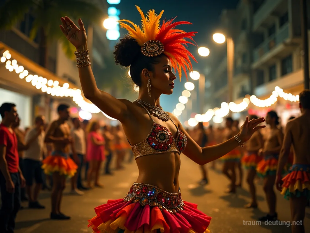 Traumdeutung Samba: Eine energiegeladene Samba-Tänzerin mit einem farbenprächtigen Kostüm in voller Bewegung auf einer belebten, stimmungsvoll beleuchteten Straße während des Karnevals.