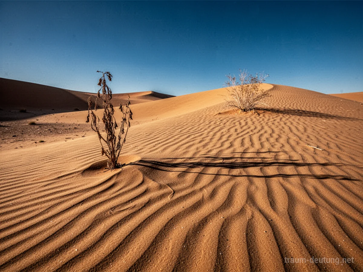 Traumsymbol Sand: Eine weite, goldene Sanddüne erstreckt sich unter einem klaren, tiefblauen Himmel, mit scharfen Schatten und feinen Rippelmustern auf der Oberfläche.