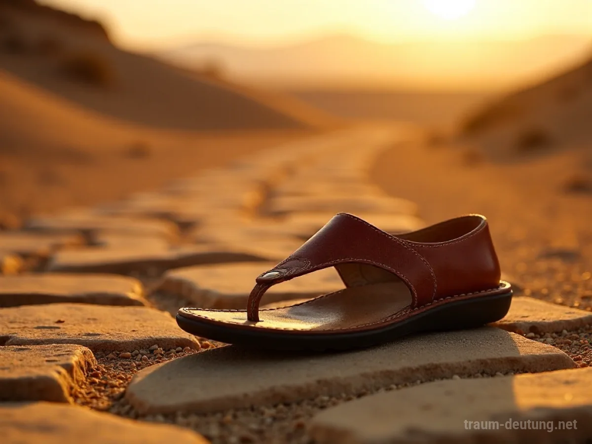 Traumsymbol Sandale: Eine abgenutzte Ledersandale liegt auf einem sonnenbeschienenen Steinpfad, umgeben von Sandkörnern, im warmen Nachmittagslicht.