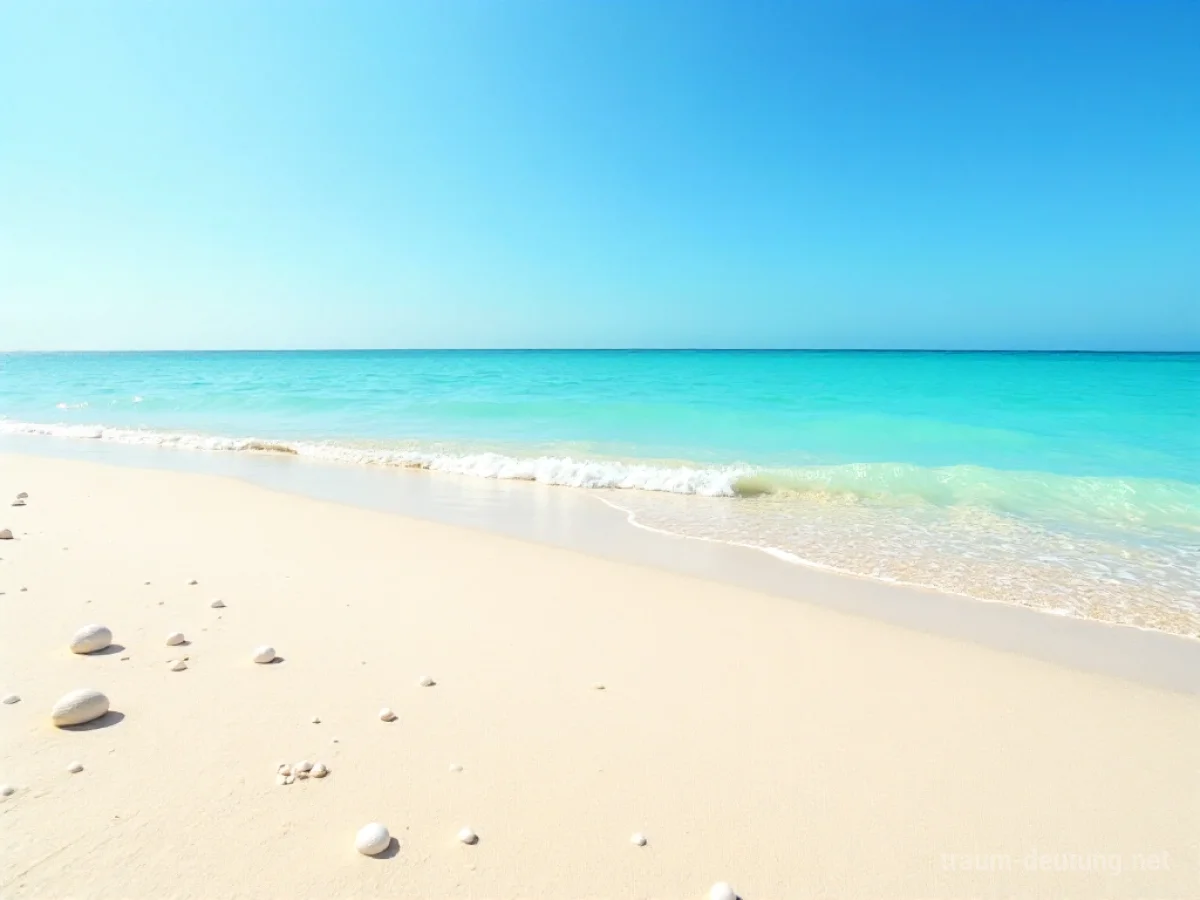 Traumsymbol Sandbank: Eine weite, sonnenbeschienene Sandbank erstreckt sich in einem ruhigen, flachen Meer unter klarem Himmel mit vereinzelten Muscheln.