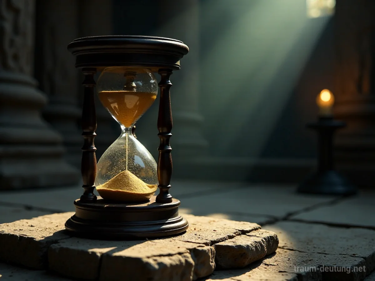 Traumsymbol Sanduhr: Eine antike Sanduhr aus Holz und Glas steht auf einem Steinpodest, goldenes Sand rieselt, beleuchtet von einem dramatischen Lichtstrahl.