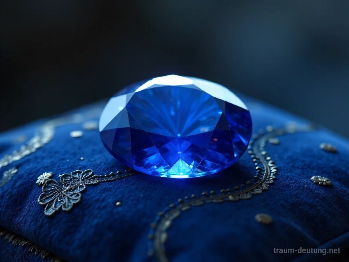Traumsymbol Saphir: Ein großer, tiefblauer Saphir liegt auf einem antiken Samtkissen im Mondlicht.
