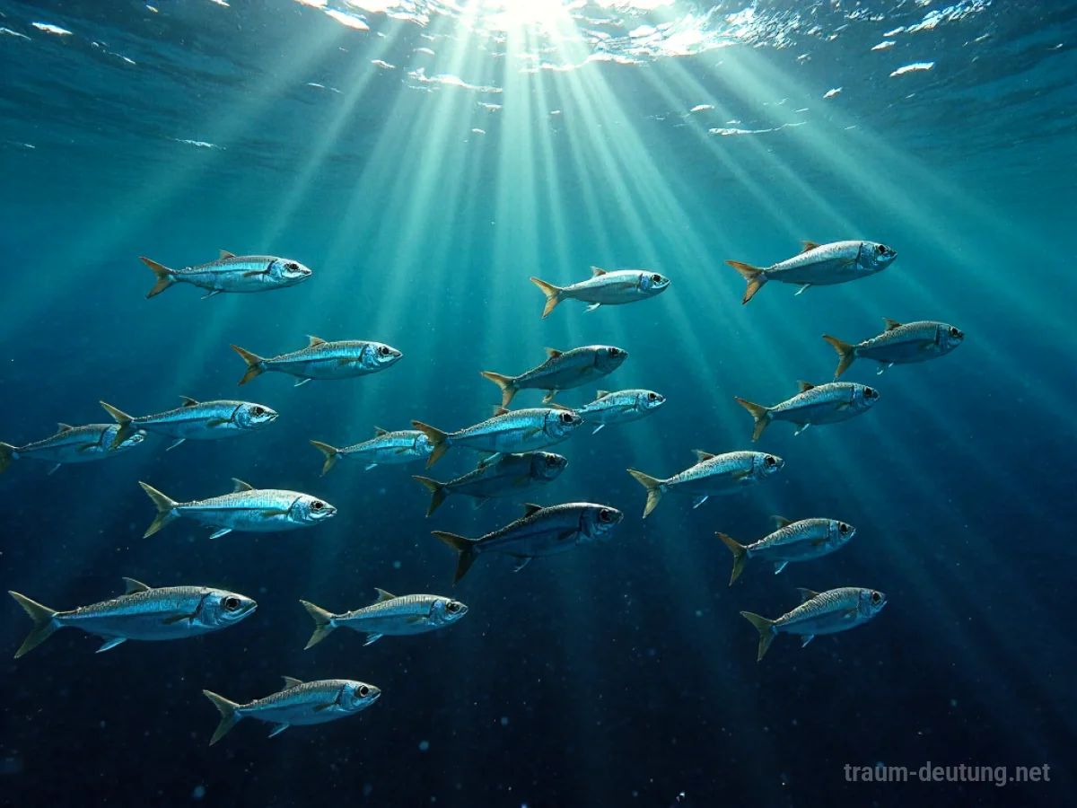 Traumsymbol Sardinen: Eine dichte Schule silbrig glänzender Sardinen schwimmt in tiefblauem Ozeanwasser, durch das Sonnenlicht fällt.