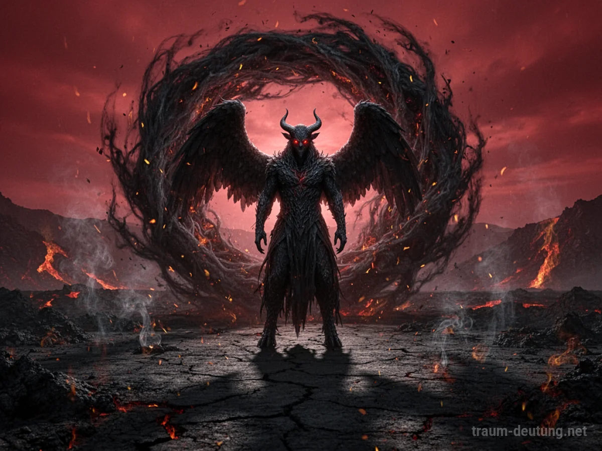 Traumdeutung Satan: Eine dunkle, engelähnliche Gestalt mit subtilen Hörnern und roten Augen steht vor einem chaotischen Strudel aus Schatten und Glut in einer vulkanischen Landschaft.