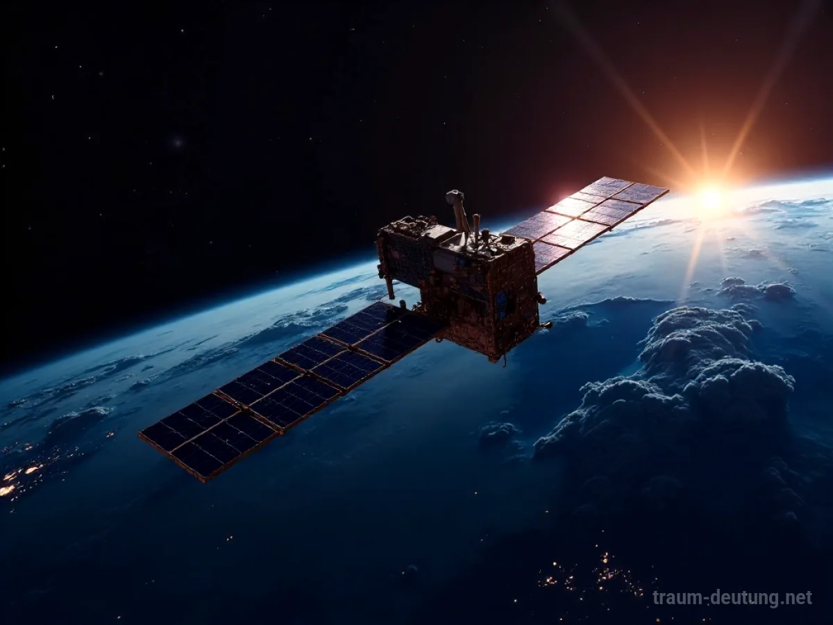 Traumsymbol Satellit: Ein einsamer Satellit kreist um die Erde im Dunkel des Weltraums, beleuchtet von fernem Sonnenlicht.