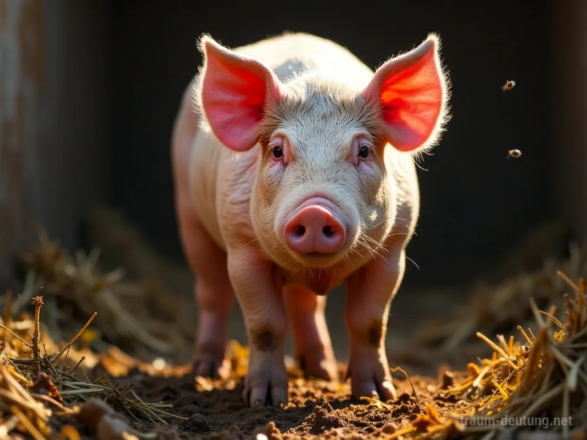 Traumdeutung Sau: Eine rosafarbene Sau steht in einem sonnenbeschienenen, schlammigen Schweinestall, umgeben von trockenem Stroh.