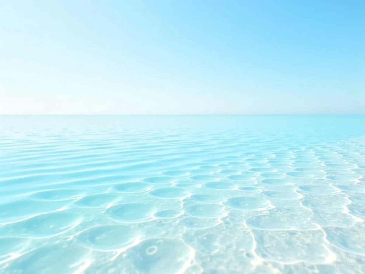 Traumsymbol Sauber: Ein makelloser, heller Wasserspiegel reflektiert einen strahlend blauen Himmel, mit sichtbaren, weißen Kieselsteinen am Grund.