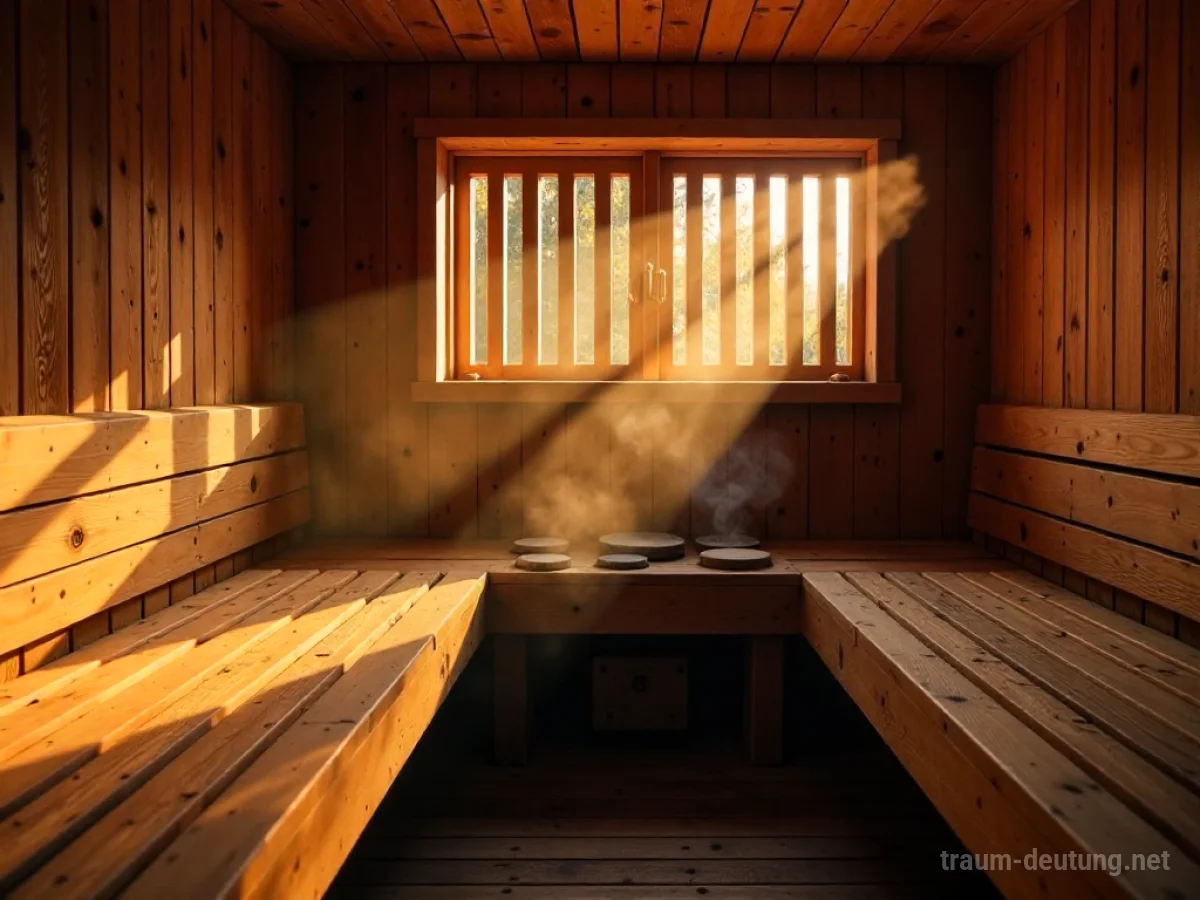 Traumdeutung Sauna: Ein stimmungsvoller Innenraum einer traditionellen finnischen Sauna mit warmem Licht und aufsteigendem Dampf.