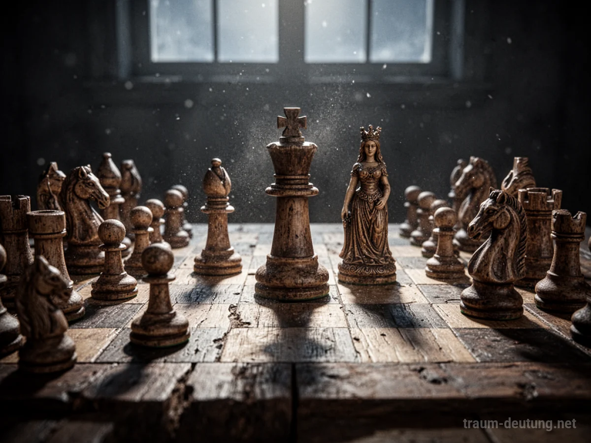 Traumsymbol Schach: Ein antiker Schachbrett aus Holz mit geschnitzten Figuren in dramatischen Positionen, beleuchtet von Mondlicht, das lange Schatten wirft.