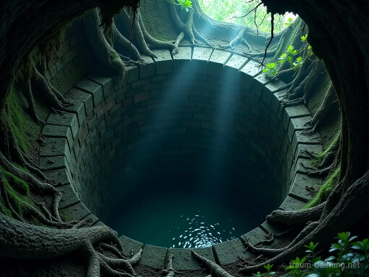 Traumsymbol Schacht: Ein tiefer, dunkler Brunnenschacht aus groben Steinen mit mystischem Licht vom Grund und Nebelschwaden.