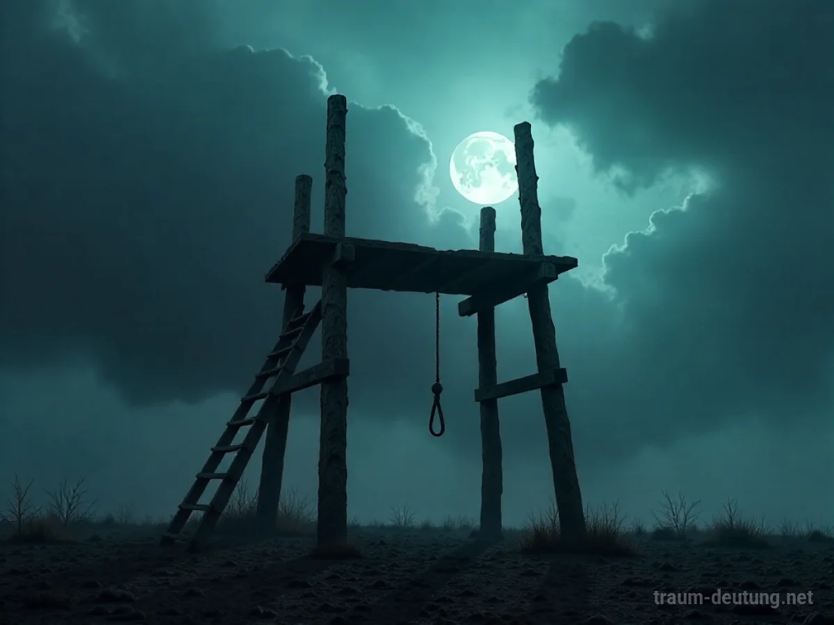 Traumsymbol Schafott: Ein düsteres Holzschafott ragt gegen einen stürmischen Nachthimmel auf, beleuchtet von Mondlicht, mit einem hängenden Seil und nebeligem Boden.