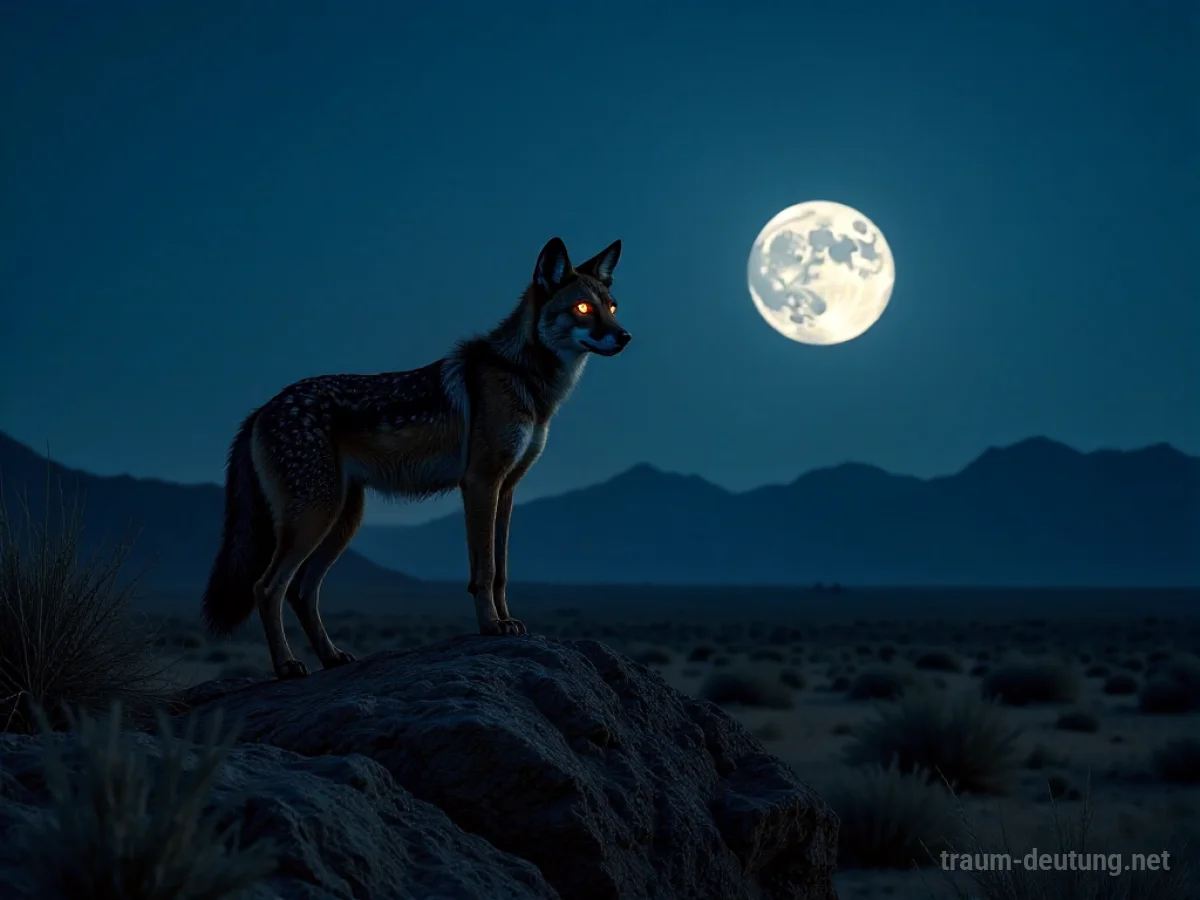 Traumsymbol Schakal: Ein einzelner Schakal steht wachsam auf einem felsigen Vorsprung unter Vollmond in einer wüstenähnlichen Landschaft mit trockener Vegetation und scharfen Schatten.