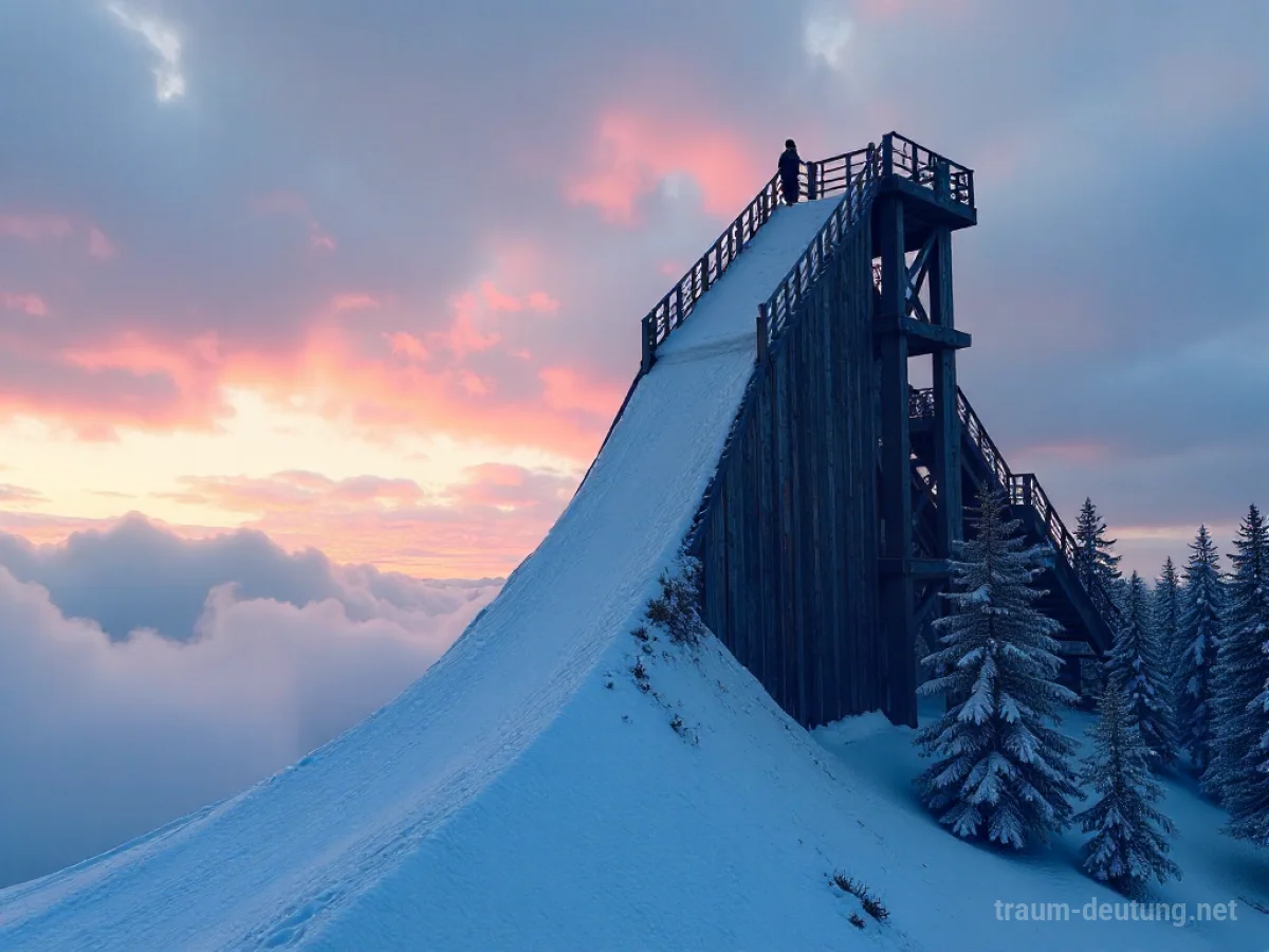 Traumsymbol Schanze: Eine imposante Skisprungschanze aus Holz und Eis ragt im Zwielicht gegen einen dramatischen Himmel auf, mit Nebelschwaden am Hang.