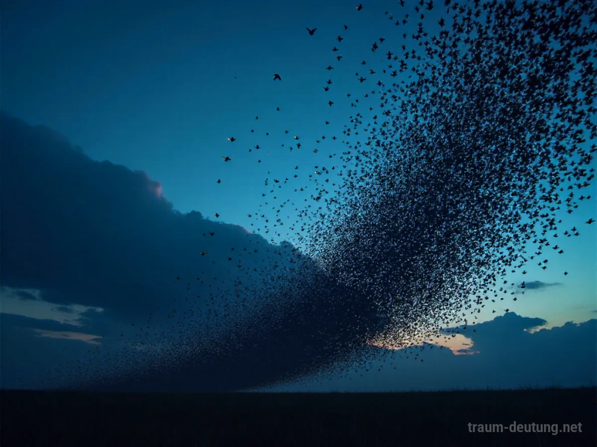 Traumsymbol Schar: Ein riesiger, dichter Vogelschwarm zieht sich am dämmrigen Nachthimmel zu komplexen Mustern zusammen, beleuchtet von diffusen Mondlicht.