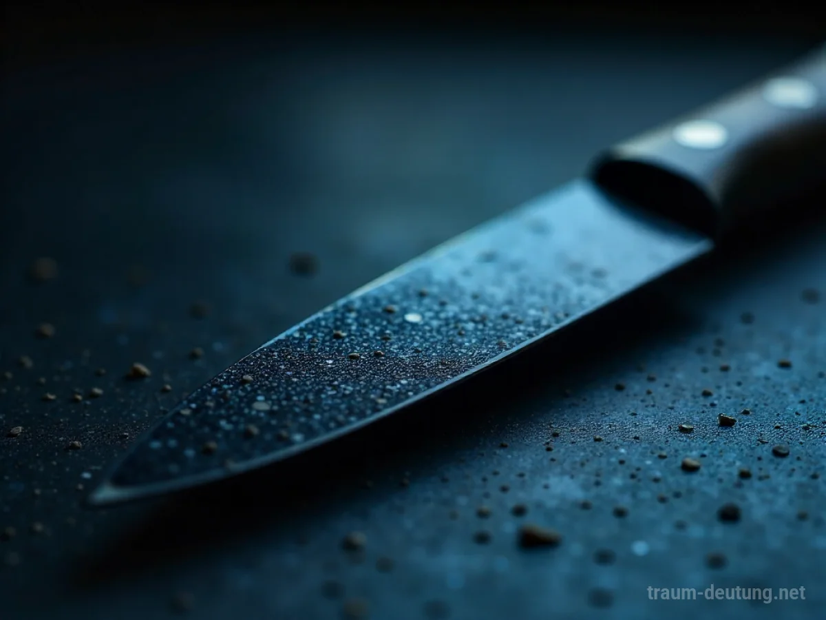 Traumdeutung Scharf: Ein glänzendes, obsidianfarbenes Messer mit einer messerscharfen Kante, reflektiert im diffusen Licht eines dunklen Raumes.