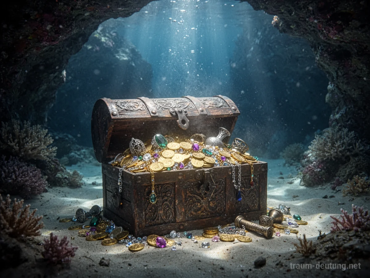 Traumsymbol Schatz: Eine alte Holztruhe voller Goldmünzen und Juwelen liegt auf dem sandigen Grund einer Höhle, beleuchtet von bläulichem Licht.