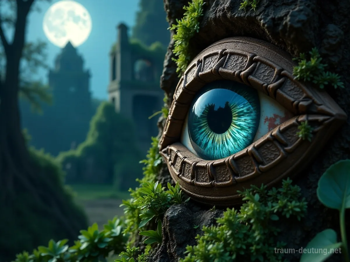 Traumdeutung Schau: Ein kunstvoll geschnitztes Holzauge mit einem wirbelnden Iris-Muster liegt auf moosbewachsenen Steinen unter Mondlicht.