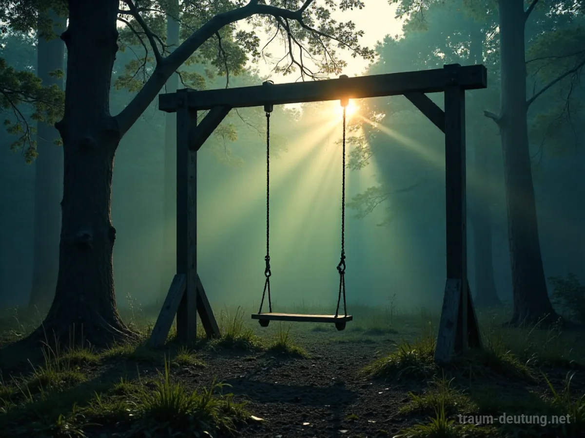 Traumsymbol Schaukel: Eine einsame Holzschaukel pendelt sanft in einem nebligen Wald, beleuchtet von diffus gefiltertem Licht.