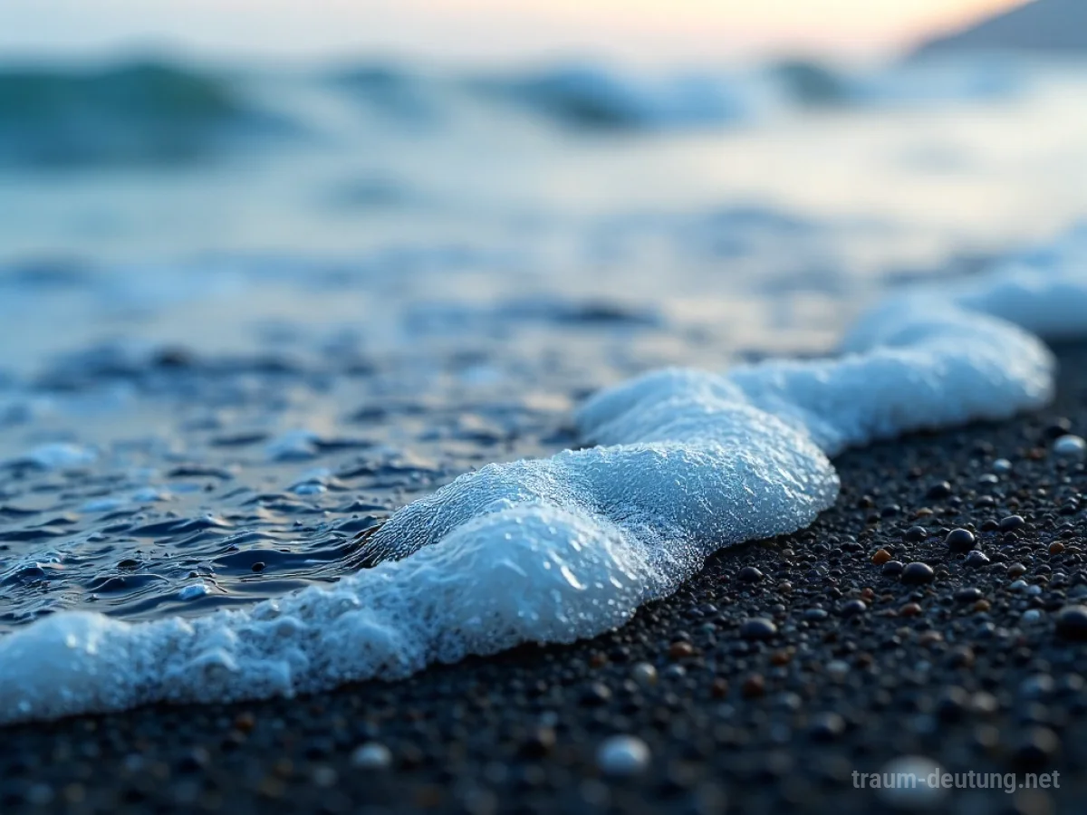 Traumsymbol Schaum: Zarter, schillernder Meerschaum bedeckt dunkle, nasse Kieselsteine am Strand unter diffusen Lichtverhältnissen.