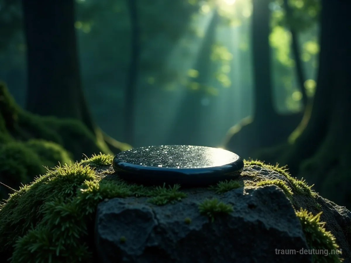 Traumdeutung Scheibe: Eine polierte Obsidian-Scheibe liegt auf einem moosbewachsenen Altar im Mondlicht eines mystischen Waldes.