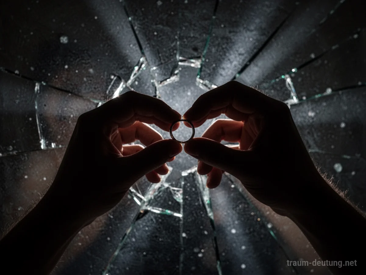 Traumsymbol Scheidung: Zwei schattenhafte Hände lassen langsam einen Ehering los vor einem gesprungenen, schwach beleuchteten Spiegel im Zwielicht.
