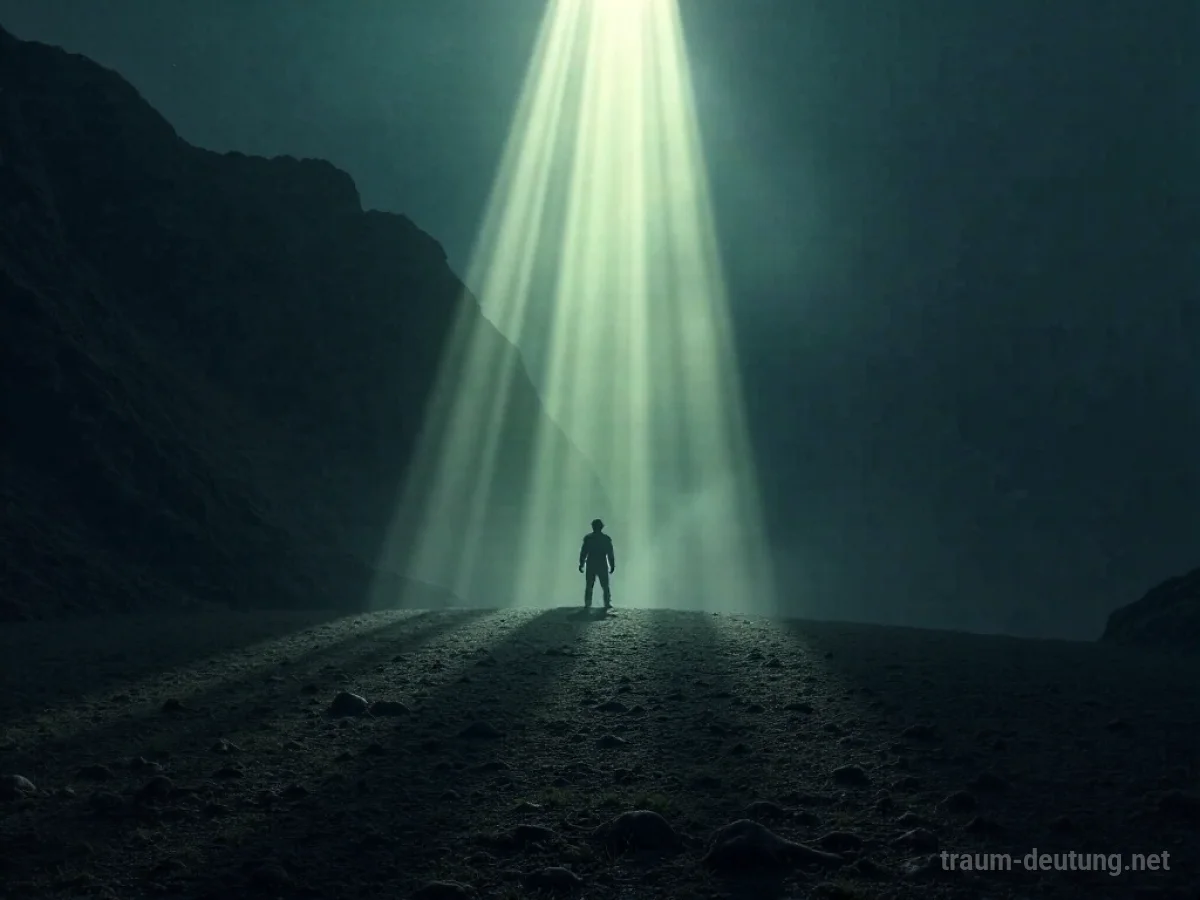 Traumsymbol Schein: Ein ätherisches, schimmerndes Licht wirft lange Schatten auf eine dunkle, einsame Landschaft.
