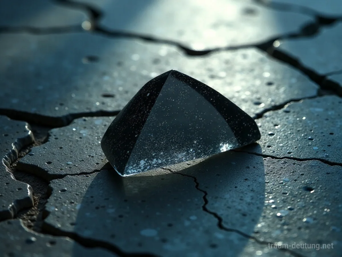 Traumsymbol Scherbe: Ein einzelner, zerklüfteter Splitter dunklen Glases liegt auf einem rissigen Steinboden, beleuchtet von spärlichem Mondlicht.