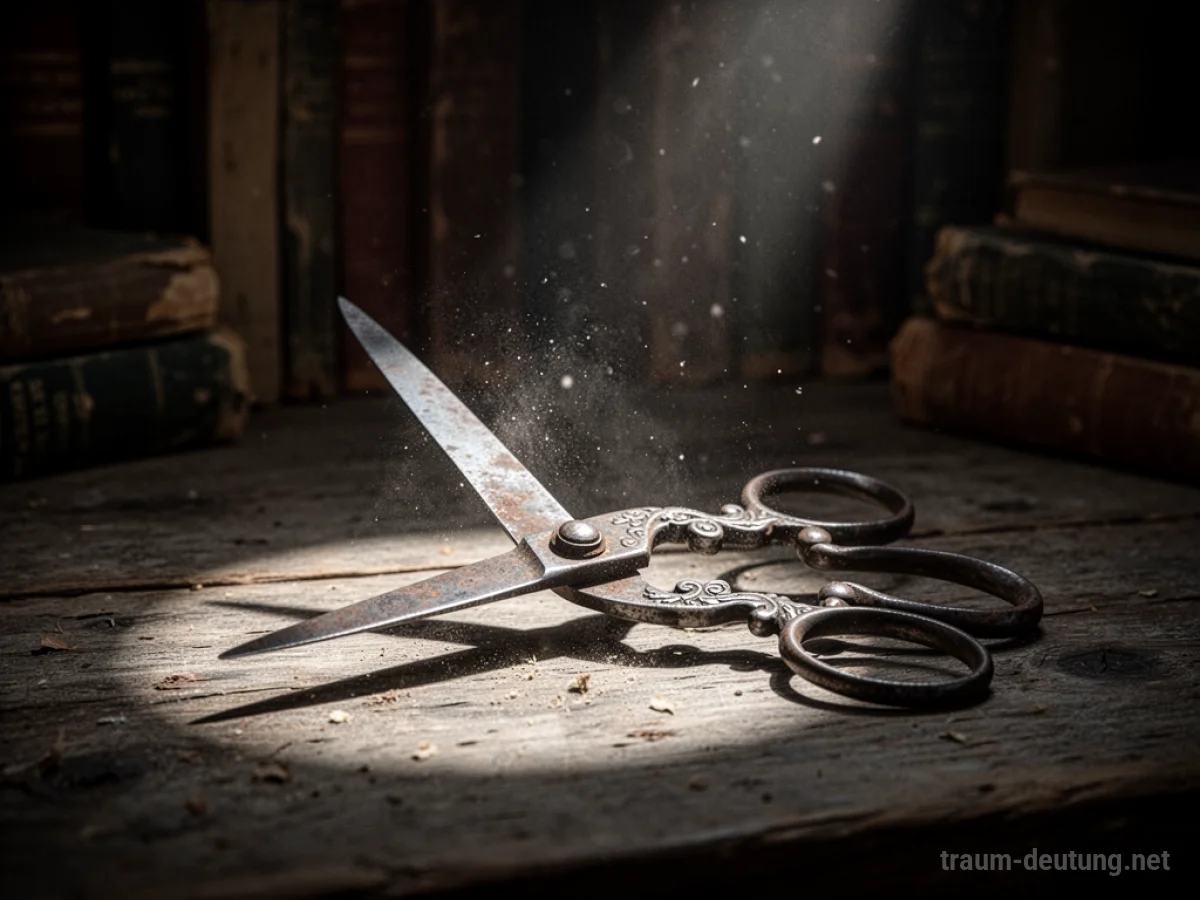 Traumdeutung Schere: Eine alte, rostige Schere liegt auf einem Holztisch im Mondlicht, umgeben von alten Büchern.