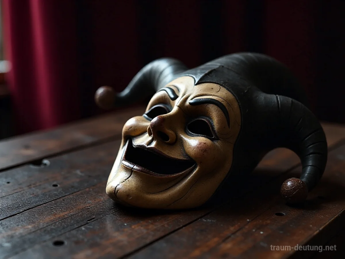 Traumsymbol Scherz: Eine detailreiche Holzmaske eines Hofnarren liegt auf einem dunklen Holztisch, beleuchtet von weichem Licht, mit feinen Rissen und einem melancholischen Ausdruck.
