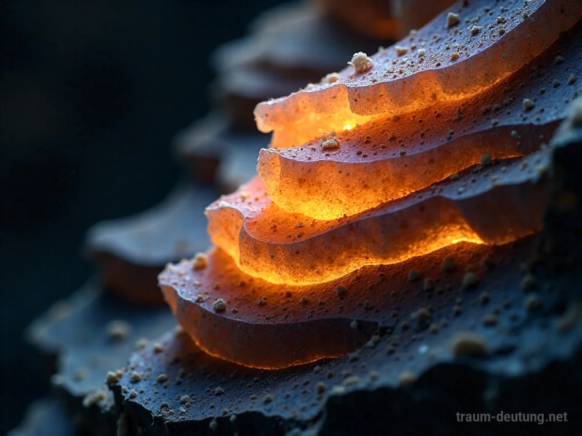 Traumsymbol Schicht: Mehrere durchscheinende, geschichtete Gesteinsschichten mit unterschiedlichen Farben und Texturen stapeln sich vertikal in einer dunklen Höhle, beleuchtet von einem inneren, ätherischen Licht.