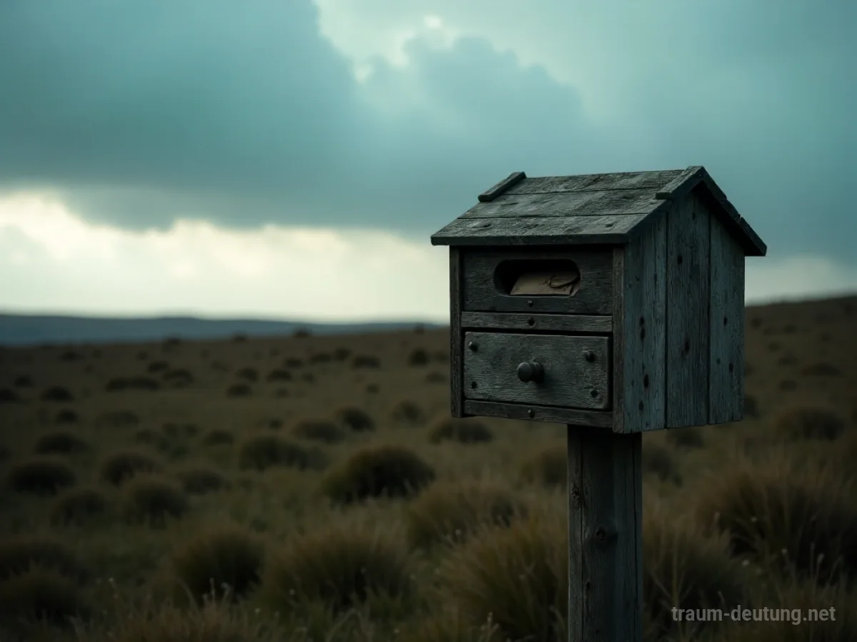 Traumsymbol Schicken: Eine einsame, verwitterte hölzerne Briefkasten steht auf einem trostlosen Moor unter einem dramatischen Himmel, mit einem alten Umschlag darin.