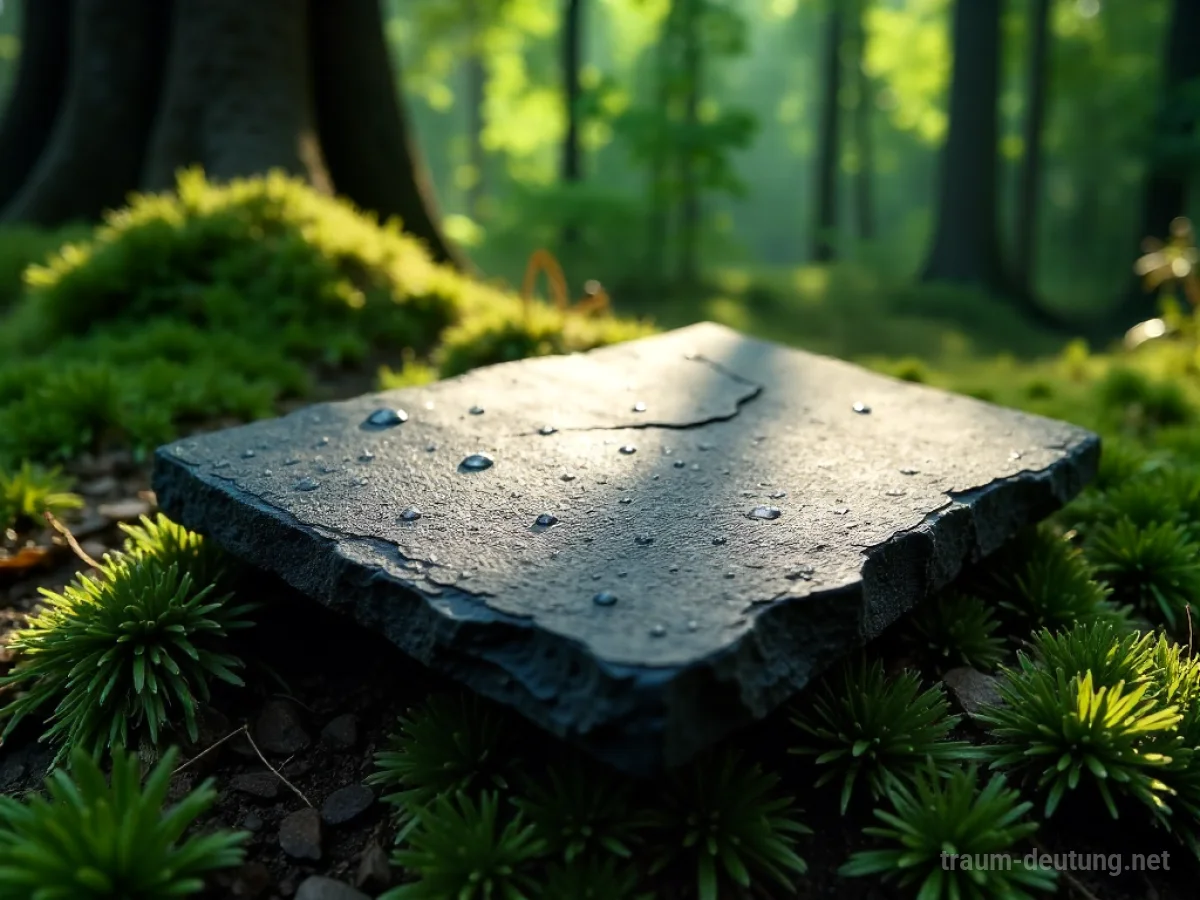 Traumsymbol Schiefer: Ein großer, rauer, dunkelgrauer Schieferstein liegt auf einem moosbewachsenen Waldboden, beleuchtet von gefiltertem Sonnenlicht.