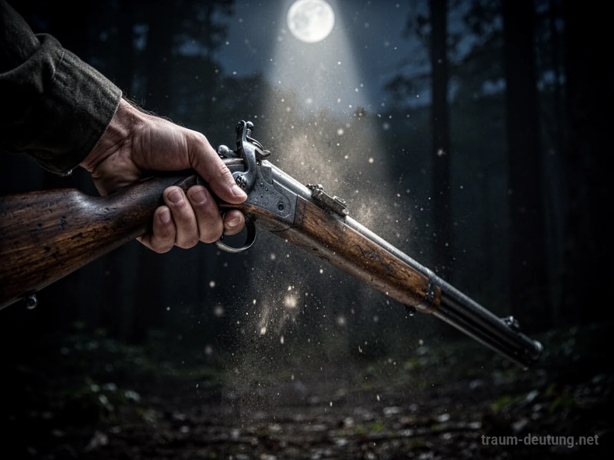 Traumsymbol Schießen: Eine Hand hält eine alte Flinte im Mondlicht, im Hintergrund ein dunkler Wald.
