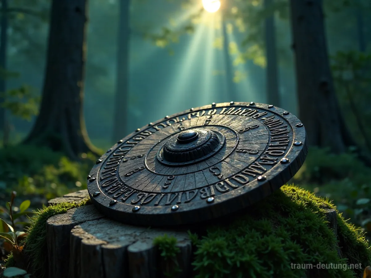Traumsymbol Schild: Ein alter Holzschild liegt auf einem moosbewachsenen Steinaltar in einem dunklen Wald, beleuchtet von feinem Mondlicht.