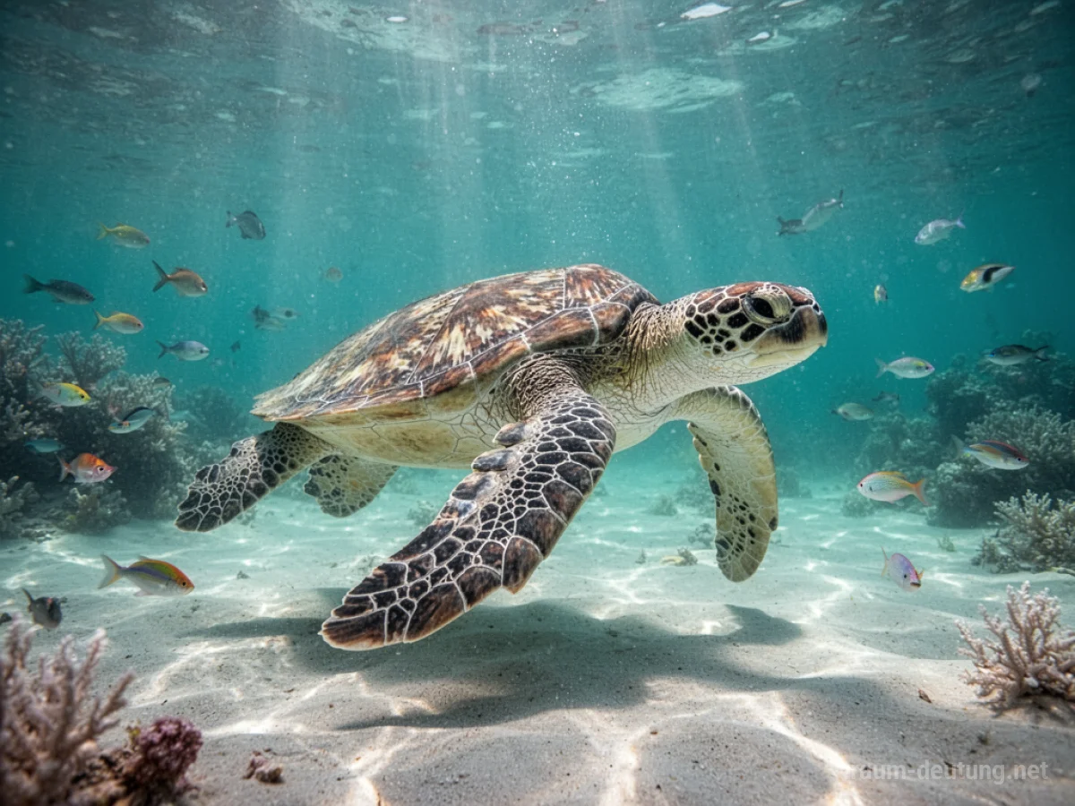Traumsymbol Schildkröte: Eine alte Meeresschildkröte mit detailliertem Panzer gleitet durch klares türkisfarbenes Wasser über sandigem Grund, umgeben von Fischen und Korallen.