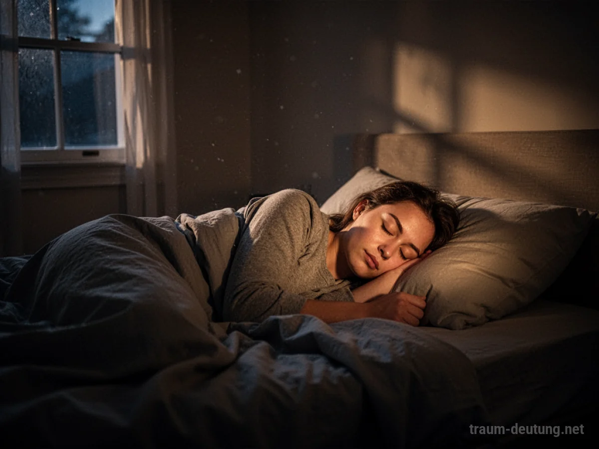 Traumdeutung Schlafen: Eine Person schläft friedlich in einem bequemen Bett, beleuchtet von sanftem Mondlicht, das durch ein Fenster fällt. Die Atmosphäre ist ruhig und gelassen.