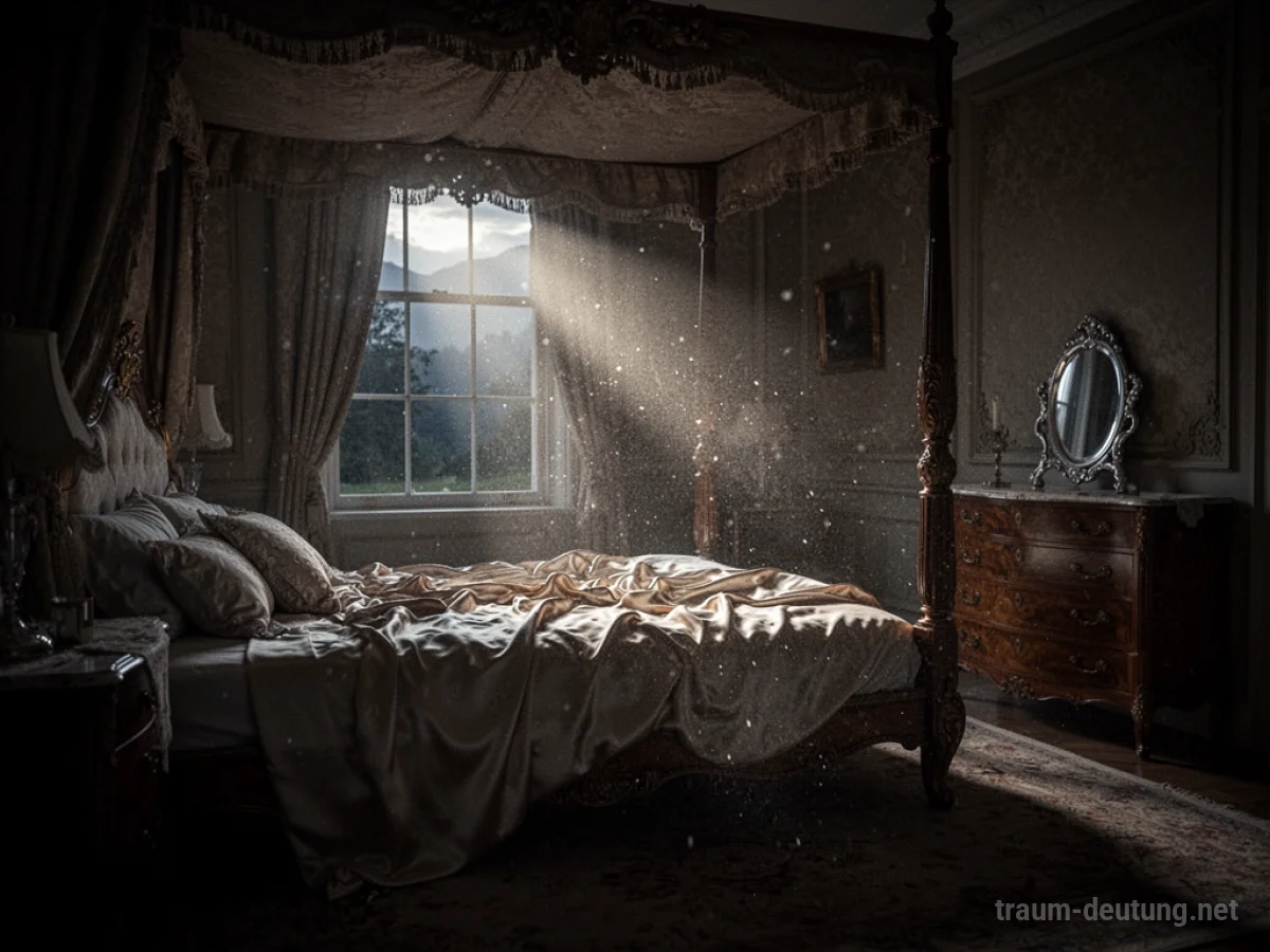 Traumdeutung Schlafzimmer: Ein luxuriöses, schwach beleuchtetes Schlafzimmer im Mondlicht, mit einem Himmelbett und einem alten Schminktisch.